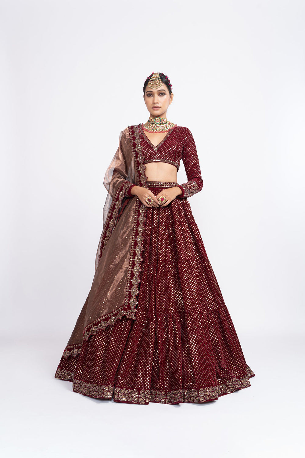 Mehroon dense dot lehnga set - Auraya Fashion - Vani Vats - 