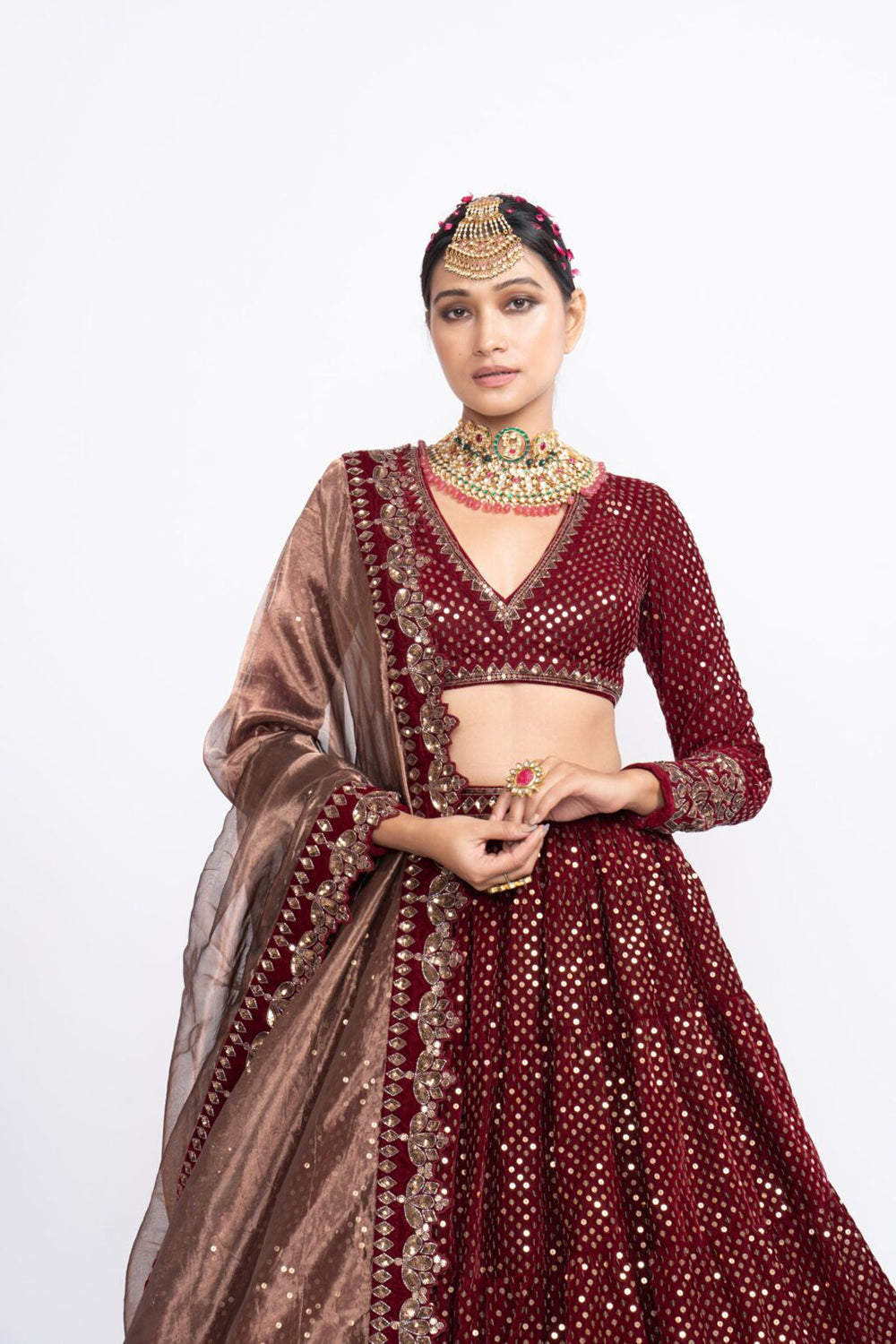 Mehroon dense dot lehnga set - Auraya Fashion 