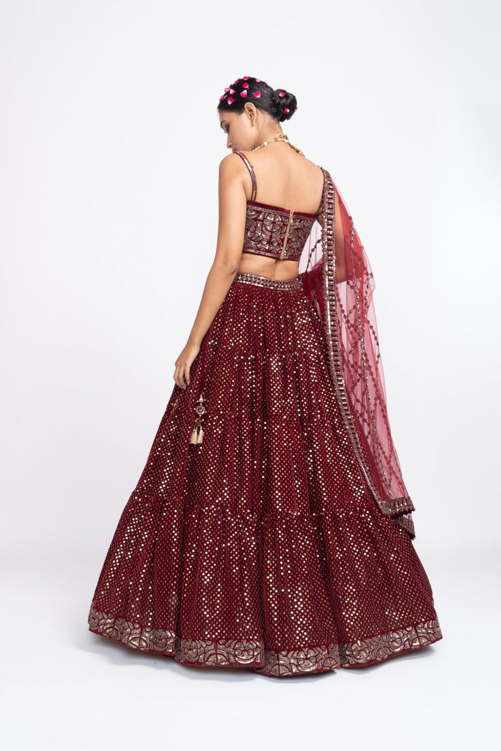 Mehroon dense dot corset lehnga set - Auraya Fashion 