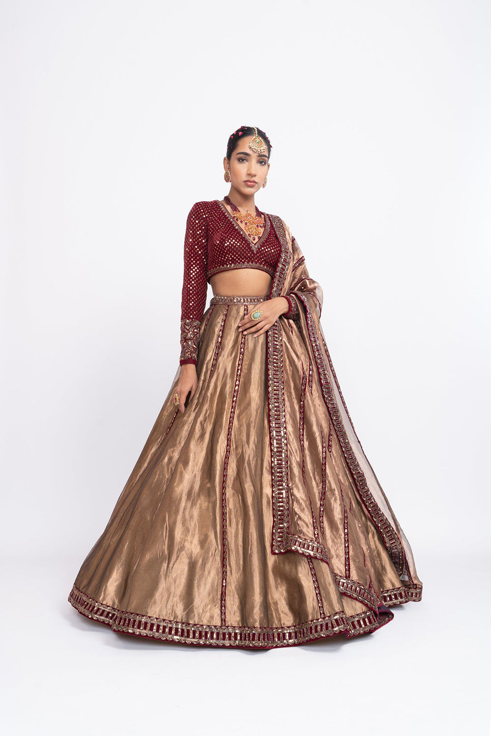 Mehroon copper tissue lehnga set - Auraya Fashion - Vani Vats - 