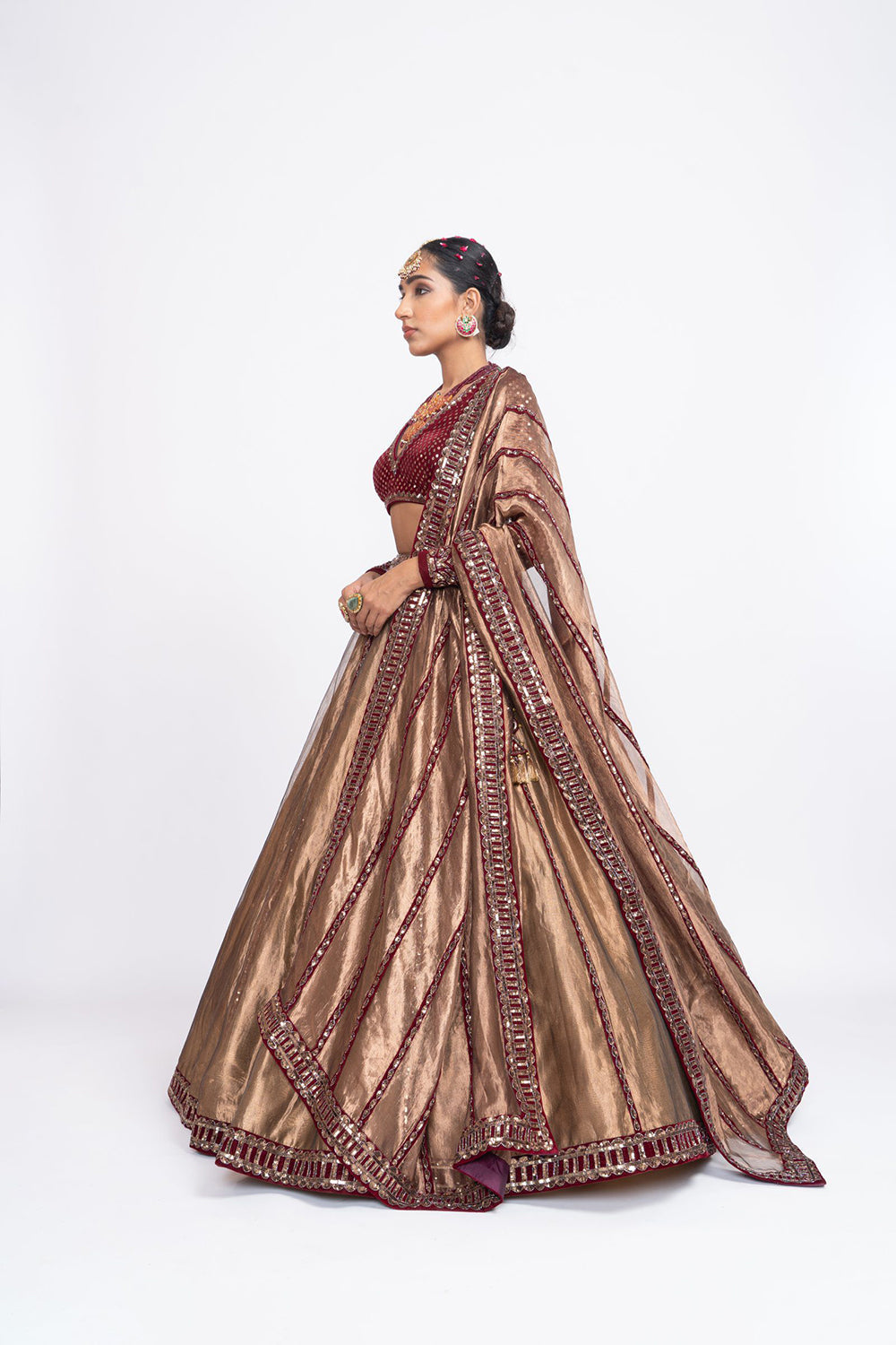 Mehroon copper tissue lehnga set - Auraya Fashion 