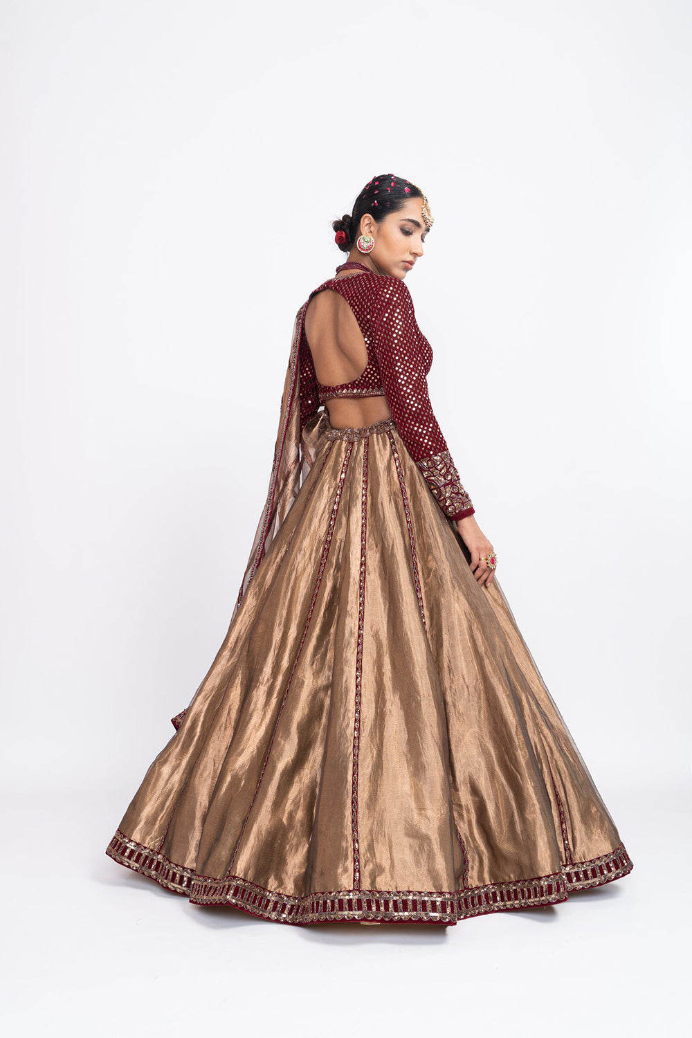 Mehroon copper tissue lehnga set - Auraya Fashion 