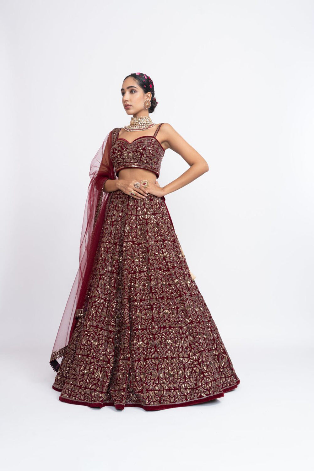 Mehroon fully embroidered corset lehnga set - Auraya Fashion 