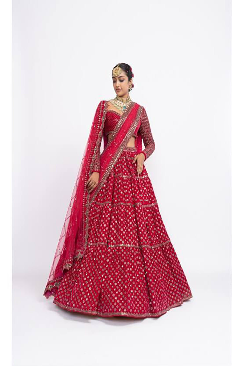 Red floral bridal lehenga set - Auraya Fashion - Vani Vats - 