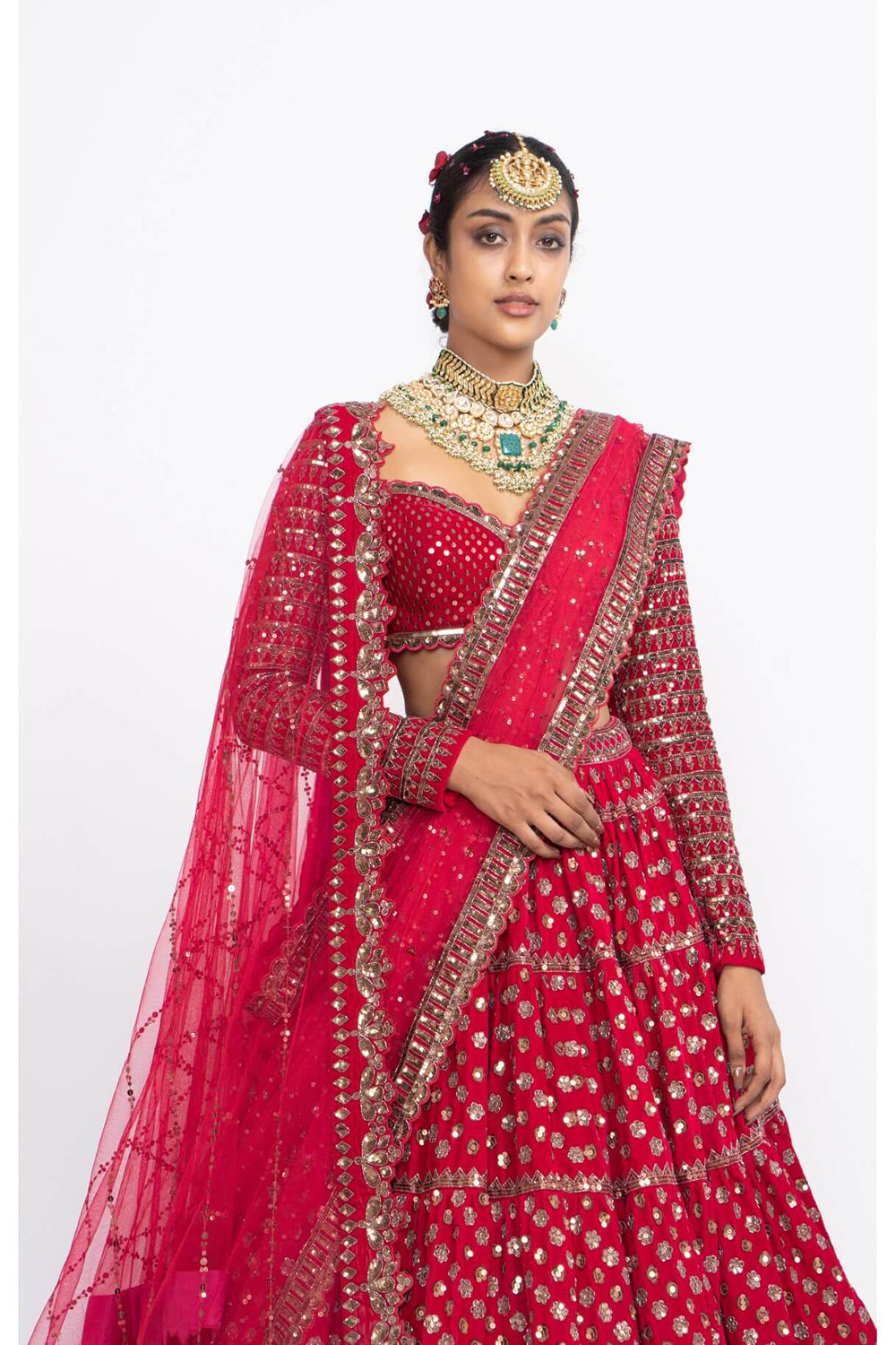 Red floral bridal lehenga set - Auraya Fashion 