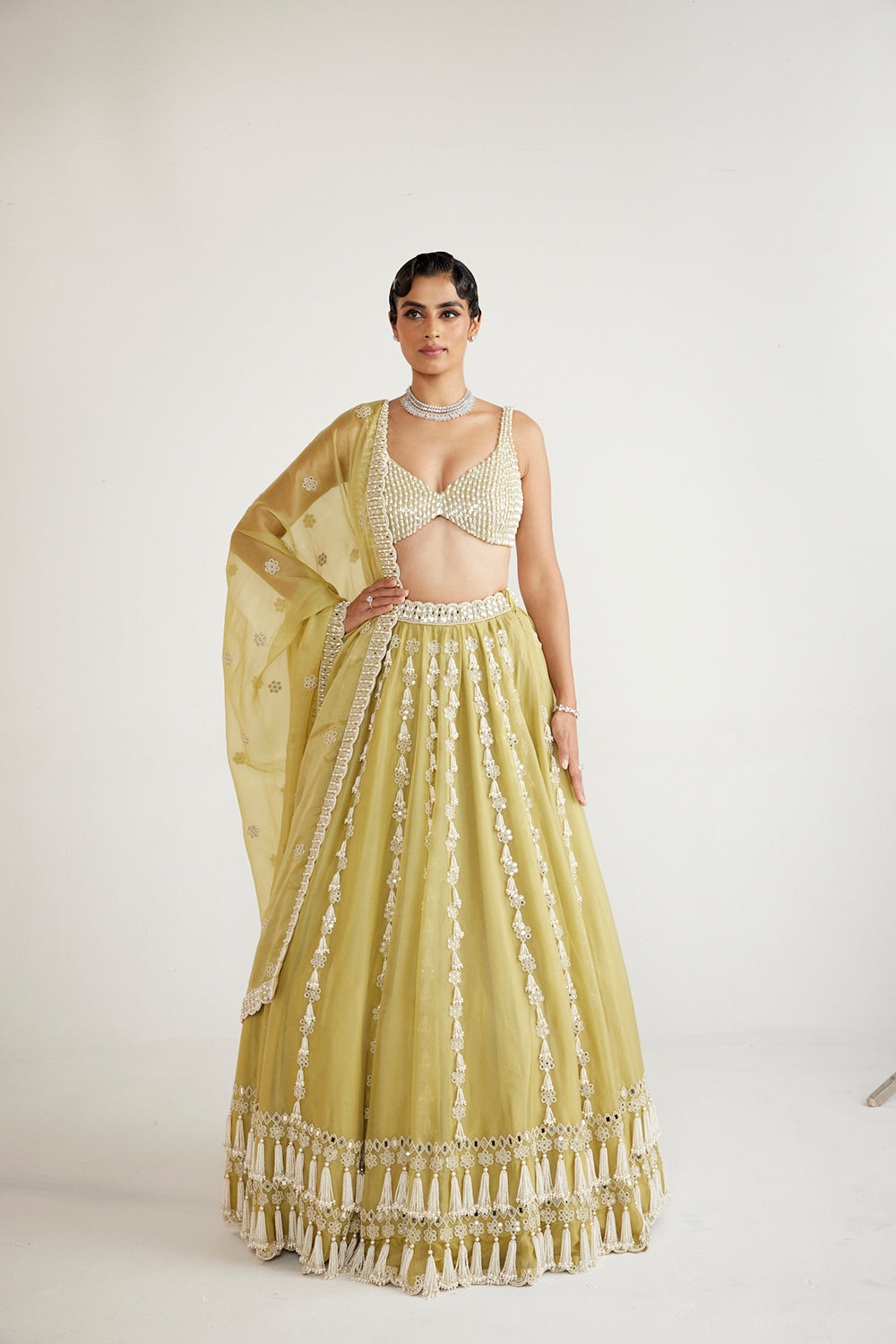 Fern Green Chandelier Pearl Drop Lehenga Set - Auraya Fashion - Vani Vats - 