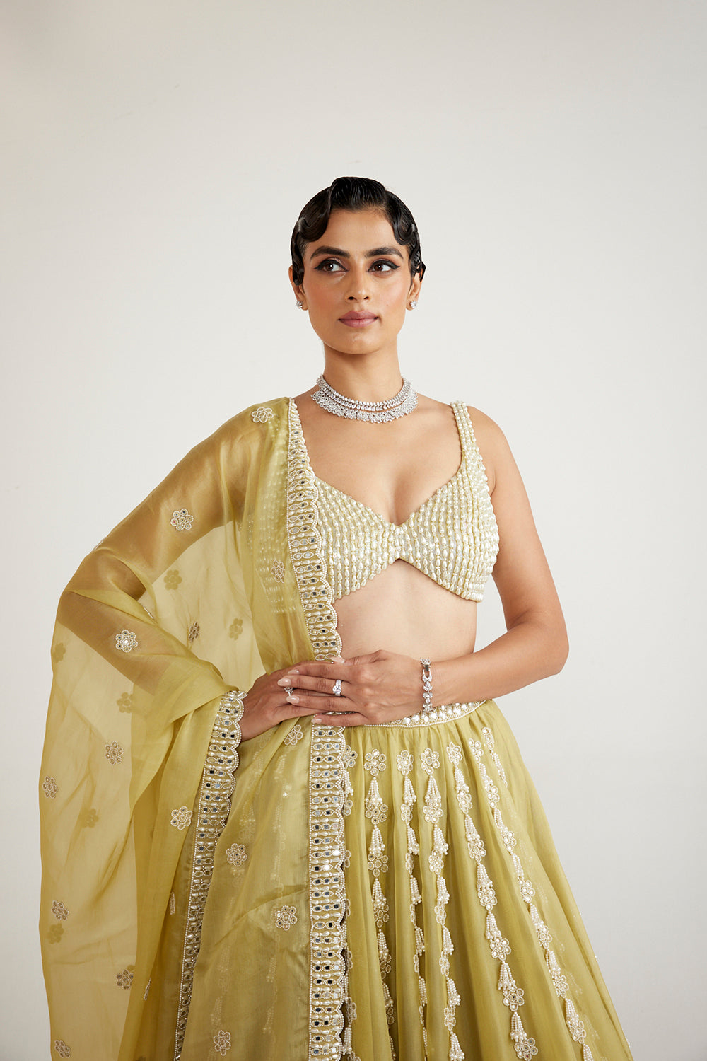 Fern Green Chandelier Pearl Drop Lehenga Set - Auraya Fashion 