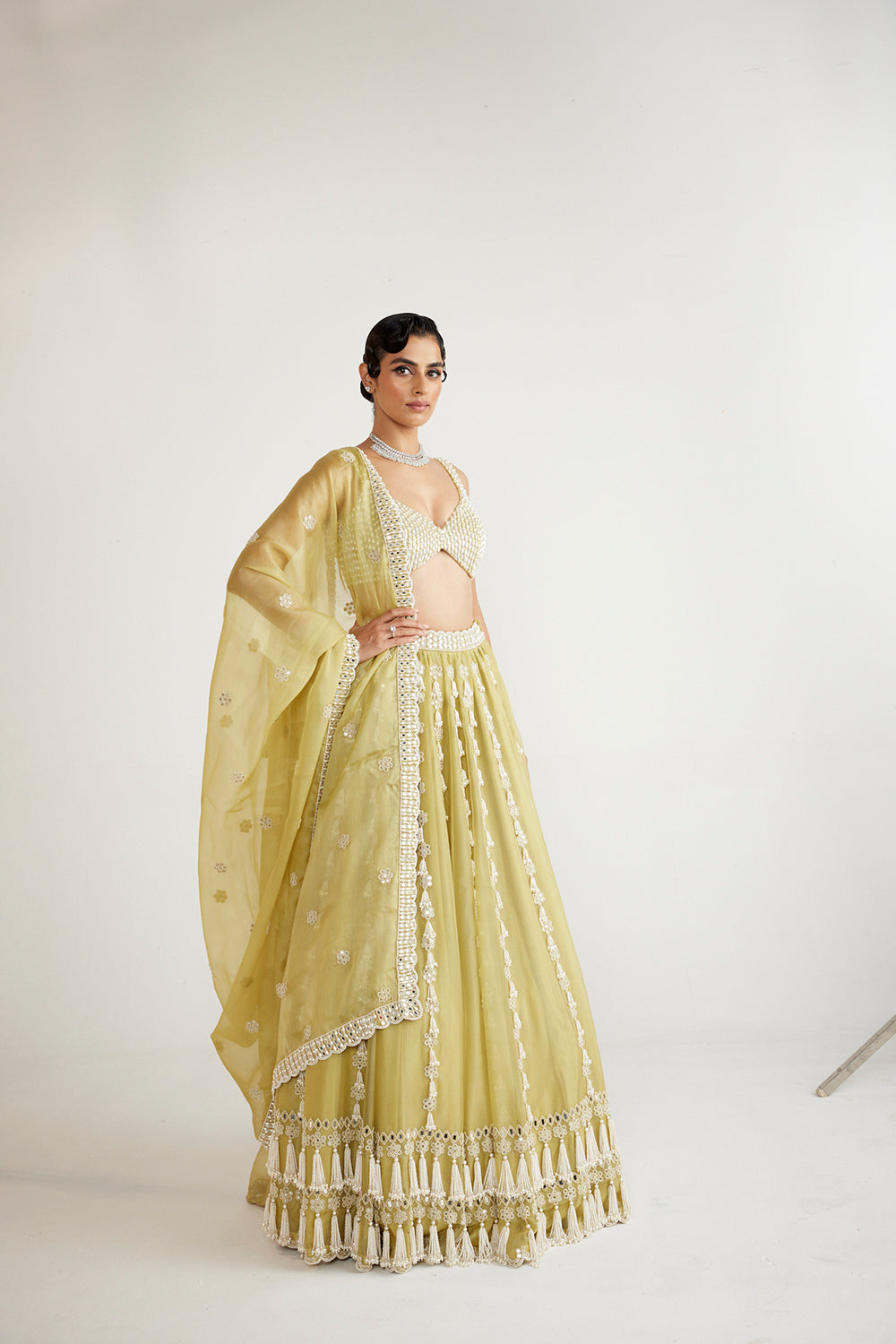 Fern Green Chandelier Pearl Drop Lehenga Set - Auraya Fashion 