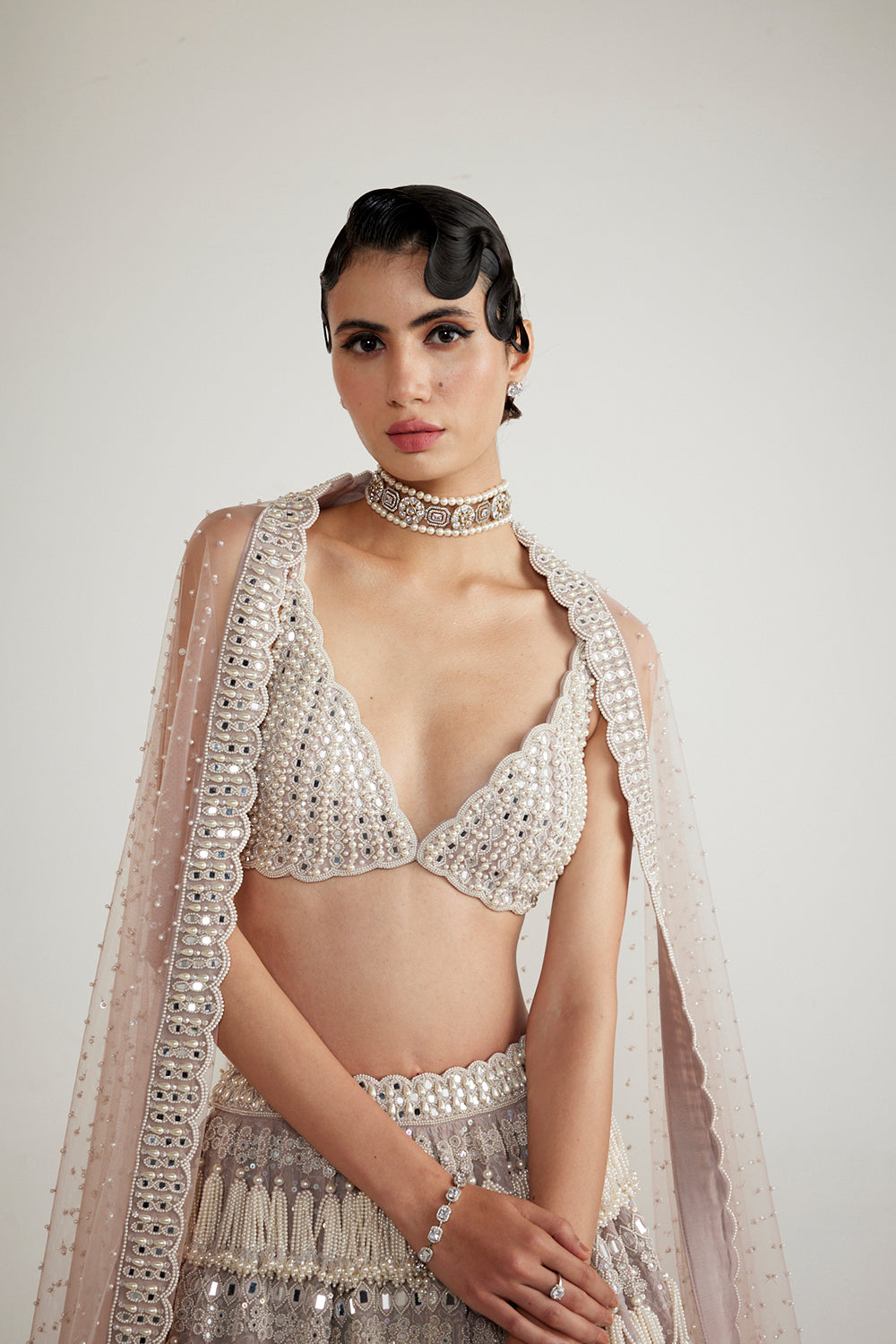 Ash Pink Chandelier Pearl Drop Lehenga Set - Auraya Fashion 