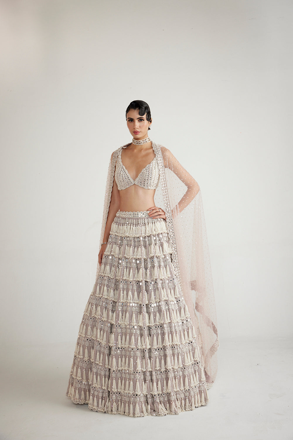 Ash Pink Chandelier Pearl Drop Lehenga Set - Auraya Fashion 