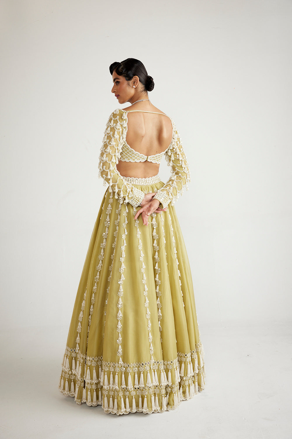 Fern Green Chandelier Pearl Drop Full Sleeve Lehenga Set - Auraya Fashion 