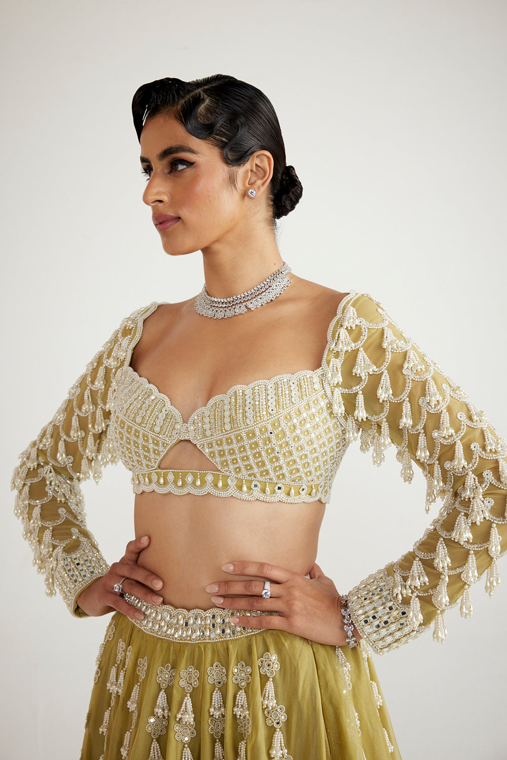 Fern Green Chandelier Pearl Drop Full Sleeve Lehenga Set - Auraya Fashion 