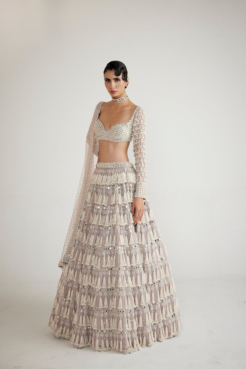 Ash Pink Chandelier Pearl Drop Full Sleeve Lehenga Set - Auraya Fashion 