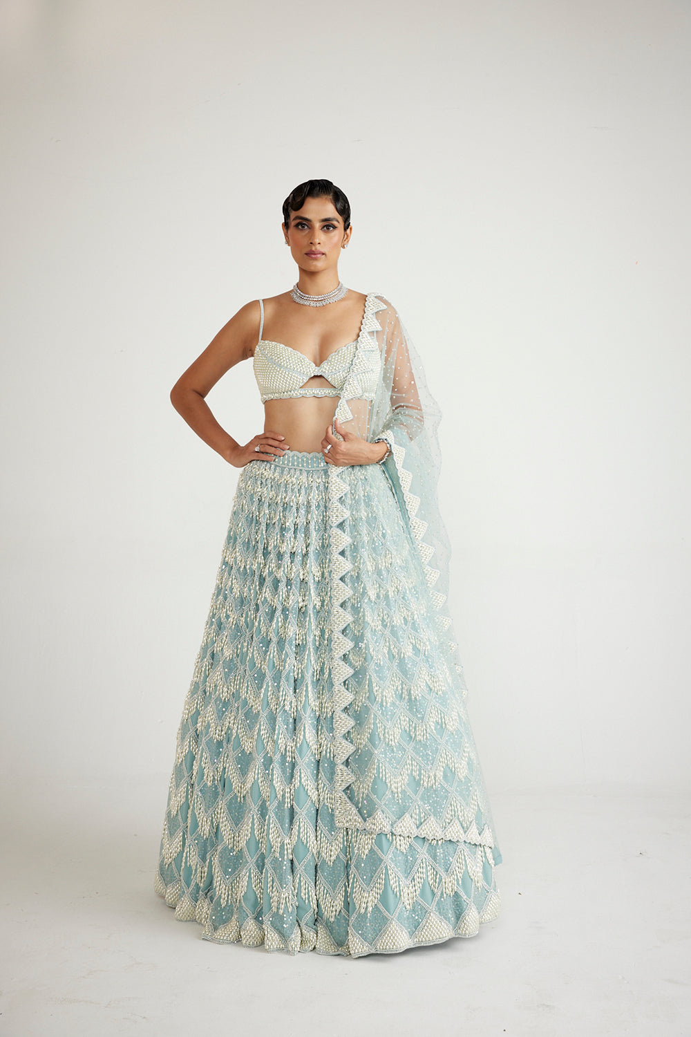 Powder Blue Chandelier Pearl Drop Lehenga Set - Auraya Fashion - Vani Vats - 