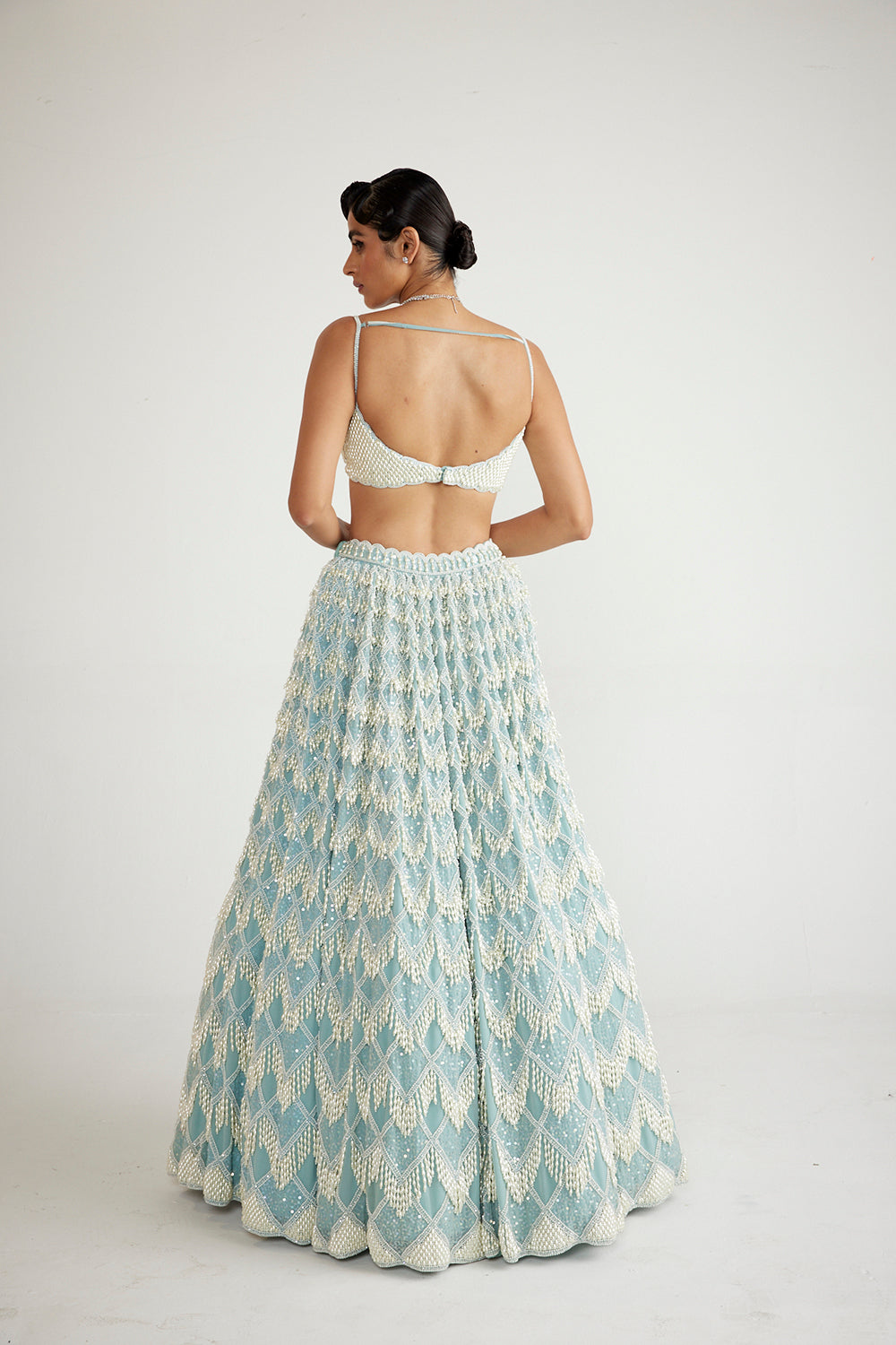 Powder Blue Chandelier Pearl Drop Lehenga Set - Auraya Fashion 