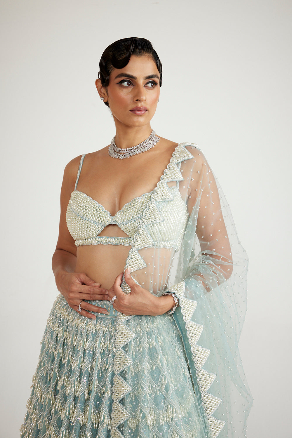 Powder Blue Chandelier Pearl Drop Lehenga Set - Auraya Fashion 