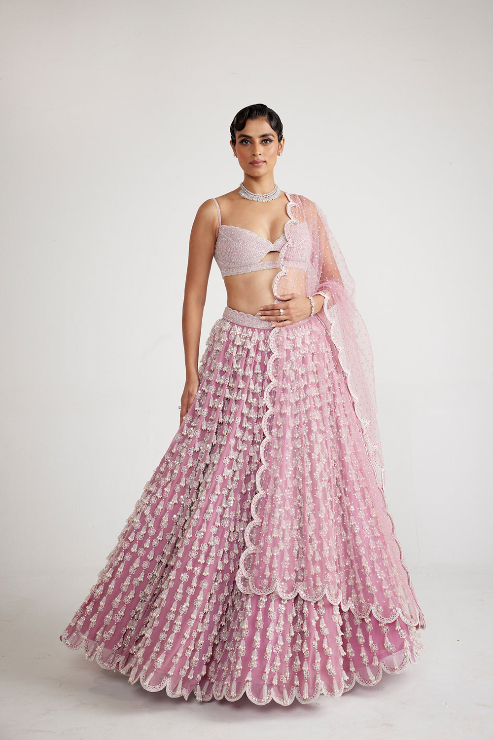 Onion Pink Chandelier Pearl Drop Lehenga Set - Auraya Fashion - Vani Vats - 