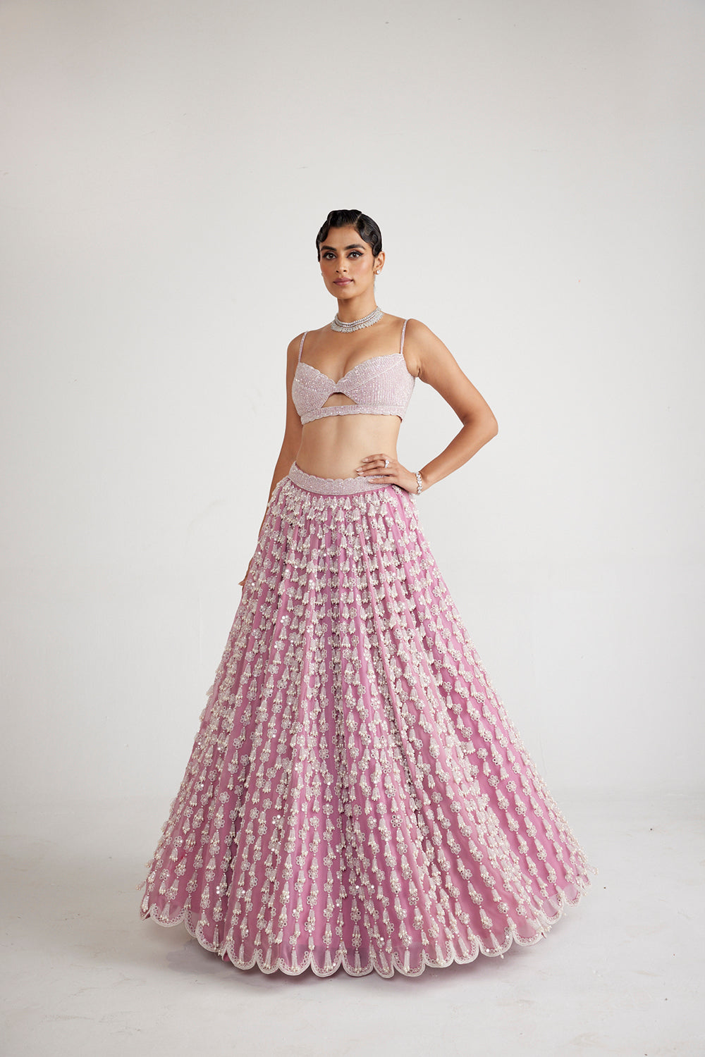 Onion Pink Chandelier Pearl Drop Lehenga Set - Auraya Fashion 