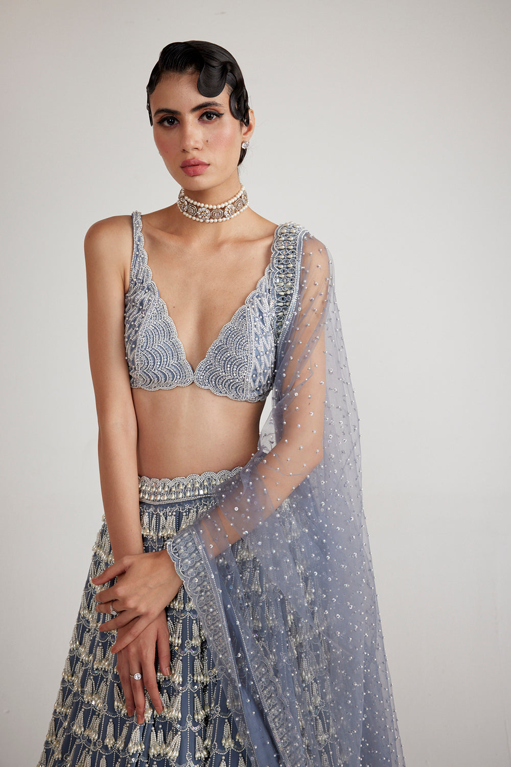 Dark Grey Chandelier Pearl Drop Lehenga Set - Auraya Fashion 