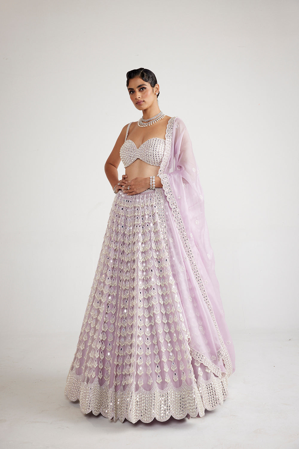 Powder Lilac Chandelier Pearl Drop Lehenga Set - Auraya Fashion - Vani Vats - 