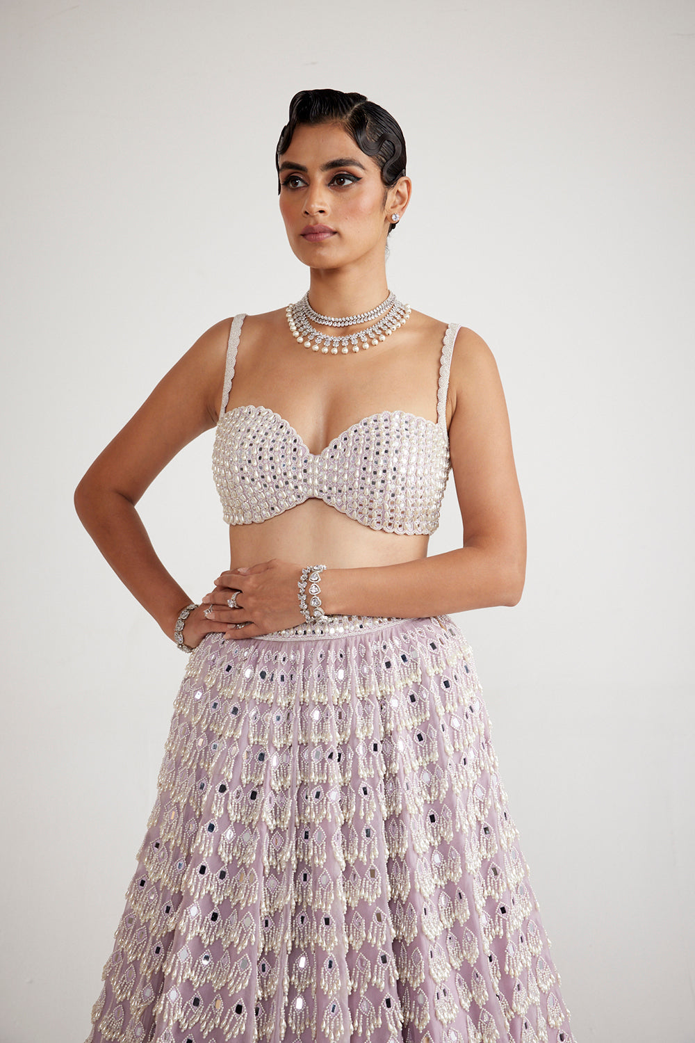 Powder Lilac Chandelier Pearl Drop Lehenga Set - Auraya Fashion 