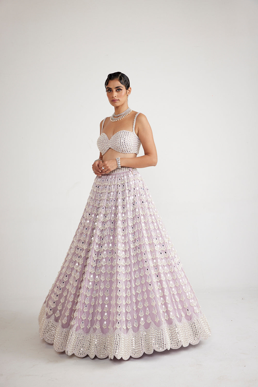 Powder Lilac Chandelier Pearl Drop Lehenga Set - Auraya Fashion 