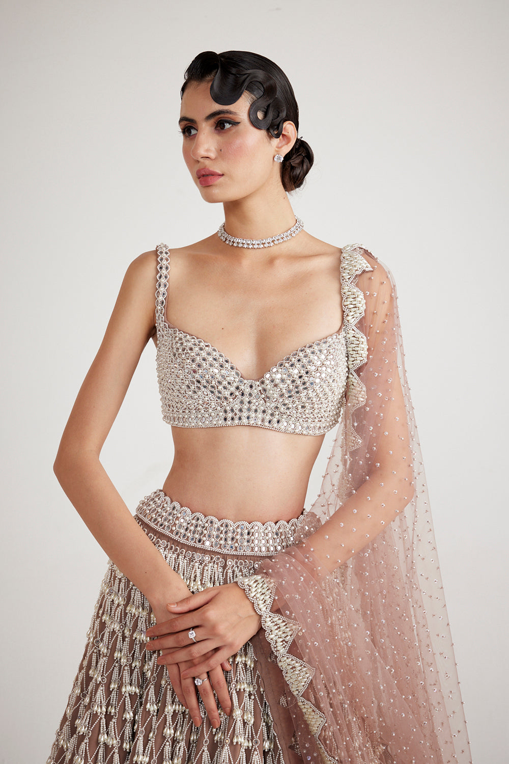 Deep Beige Chandelier Pearl Drop Lehenga Set - Auraya Fashion 