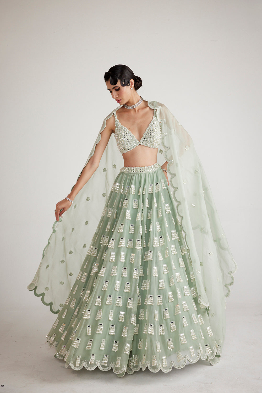 Powder Mint Green Chandelier Drop Lehenga Set - Auraya Fashion - Vani Vats - 