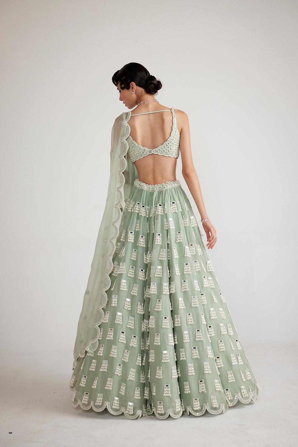 Powder Mint Green Chandelier Drop Lehenga Set - Auraya Fashion 