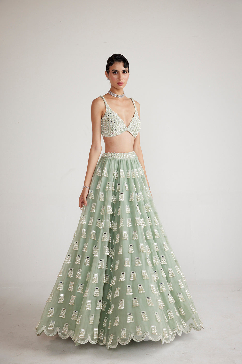 Powder Mint Green Chandelier Drop Lehenga Set - Auraya Fashion 