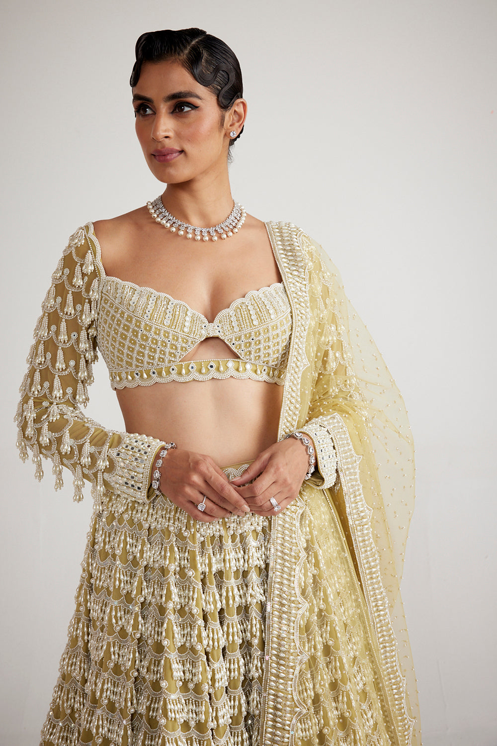 Fern Green Chandelier Pearl Drop Heavy Lehenga Set - Auraya Fashion 