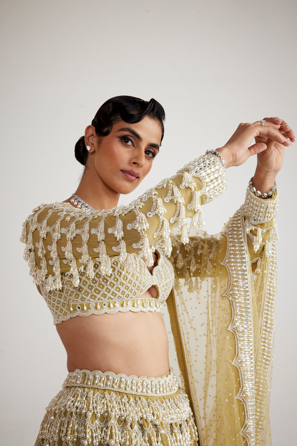 Fern Green Chandelier Pearl Drop Heavy Lehenga Set - Auraya Fashion 