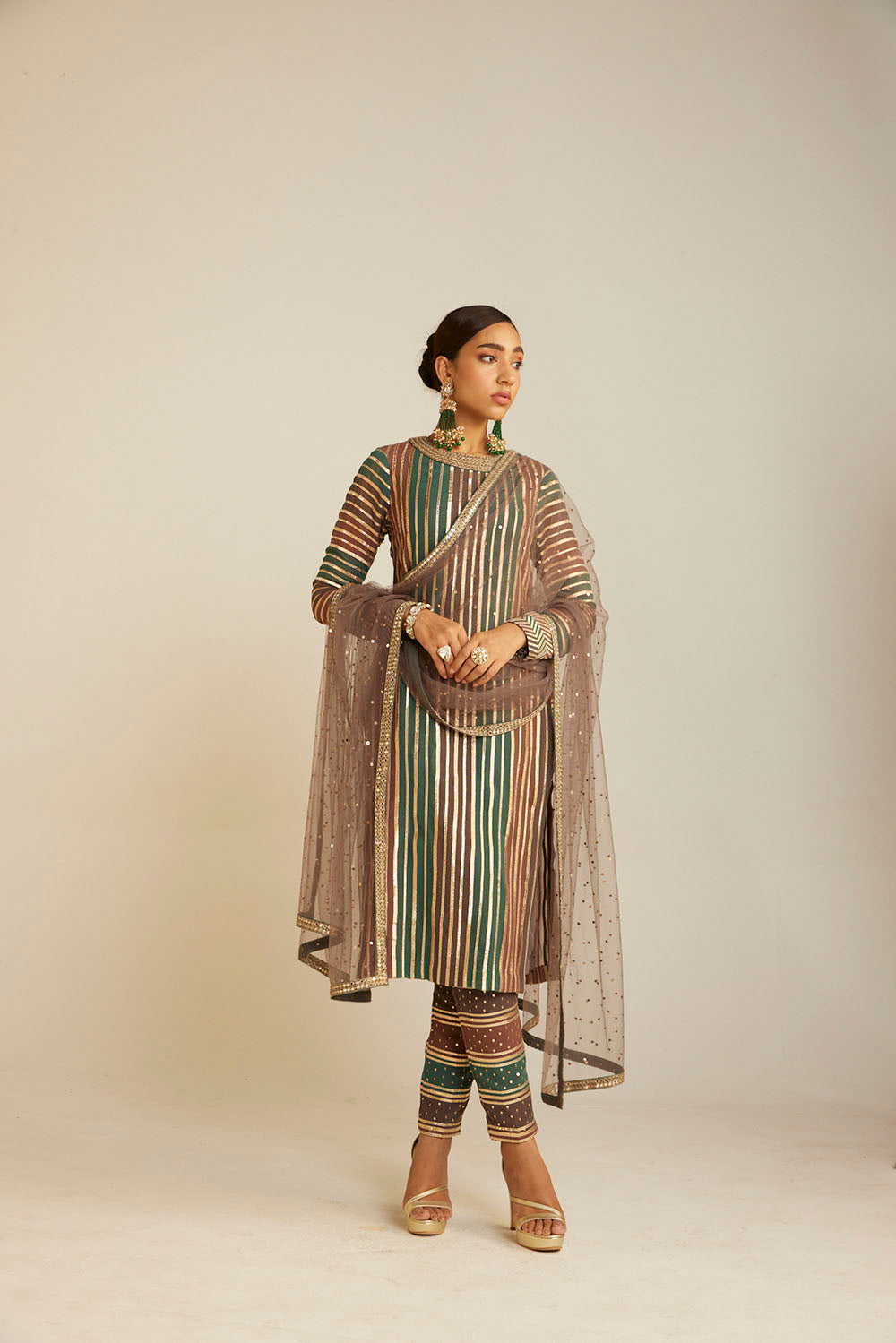 Mud Green Round Neck Straight Kurta Pant Set - Auraya Fashion - Vani Vats - 