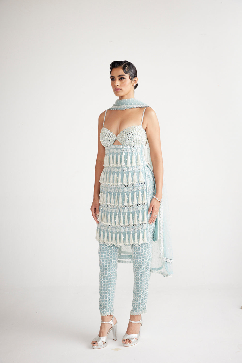 Powder Blue Chandelier Pearl Drop Pant Kurta Set - Auraya Fashion 