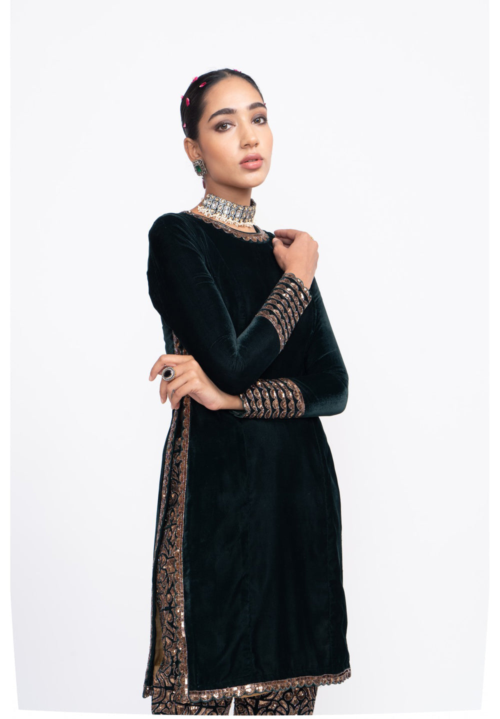 Deep Green Velvet Kurta Set - Auraya Fashion 