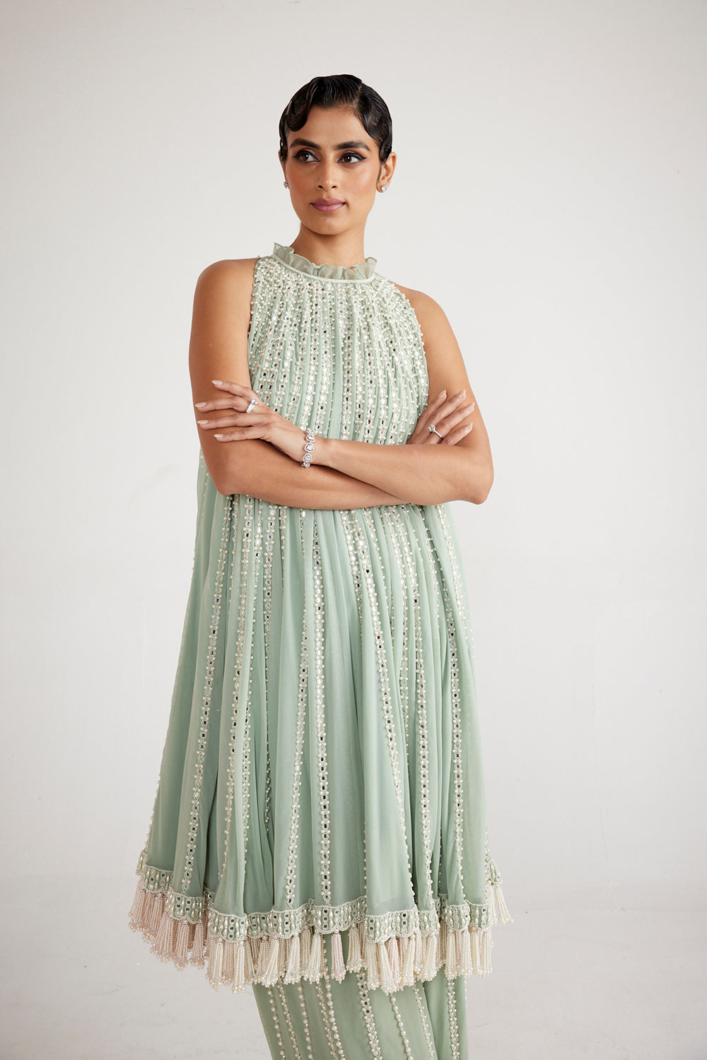 Powder Mint Green Chandelier Drop Kurta Set - Auraya Fashion 
