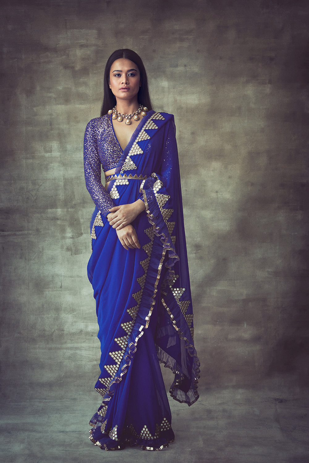 Royal Blue Mirror Border Frill Saree Set