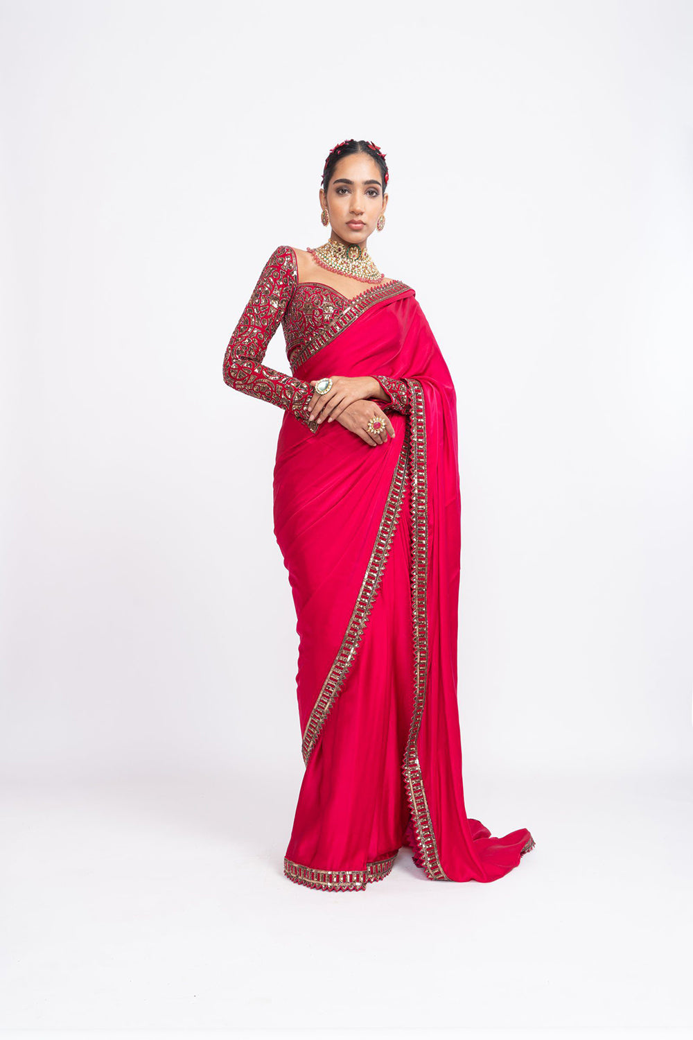 Red sarin saree set - Auraya Fashion - Vani Vats - 