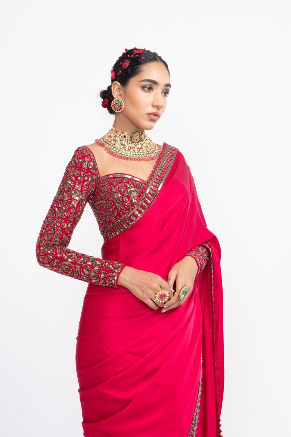 Red sarin saree set - Auraya Fashion 