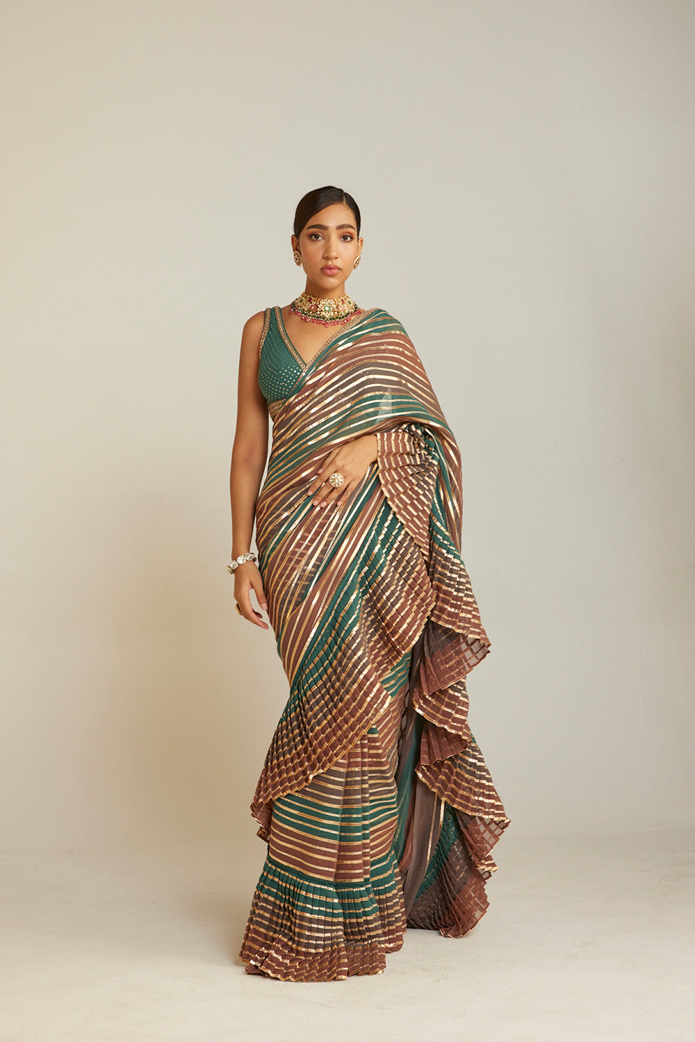 Pre Draped Mud Green Multicolor Saree Set - Auraya Fashion - Vani Vats - 