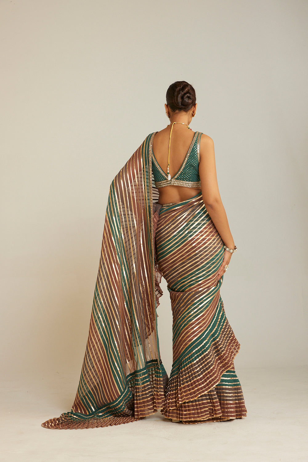 Pre Draped Mud Green Multicolor Saree Set - Auraya Fashion 