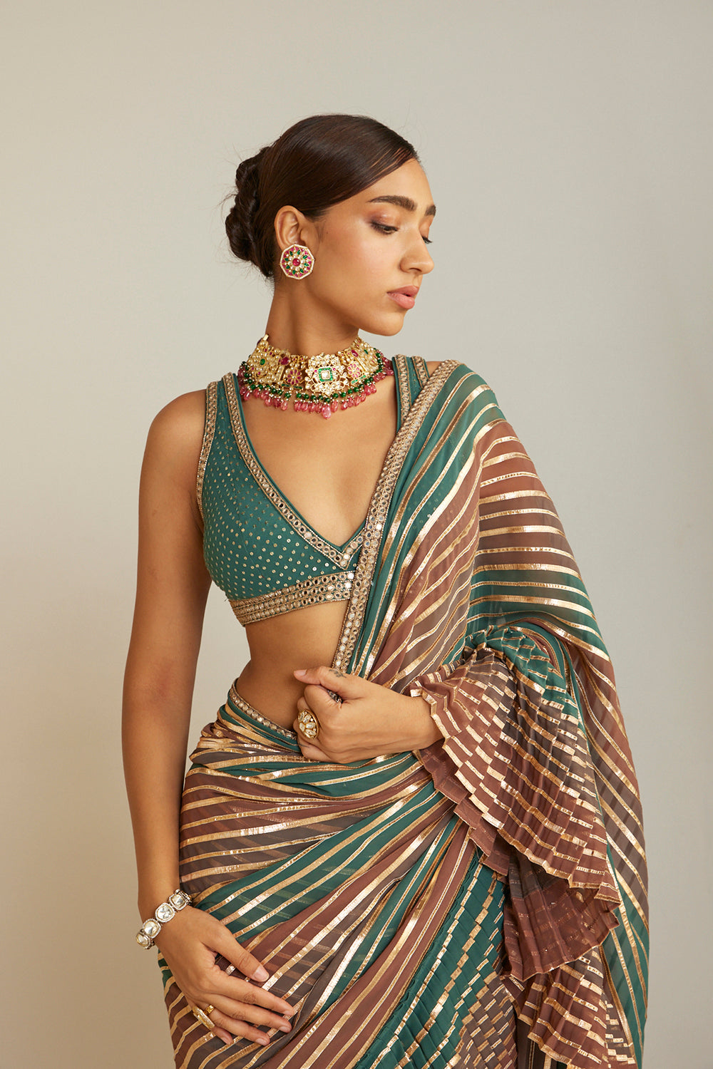 Pre Draped Mud Green Multicolor Saree Set - Auraya Fashion 