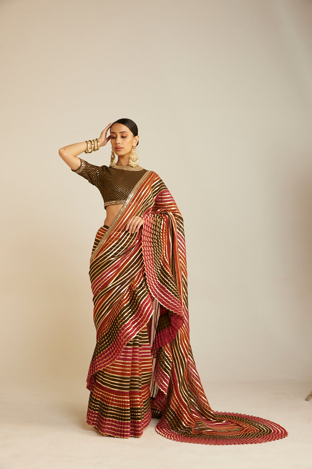 Pre Draped Olive Green Multicolor Saree Set - Auraya Fashion - Vani Vats - 