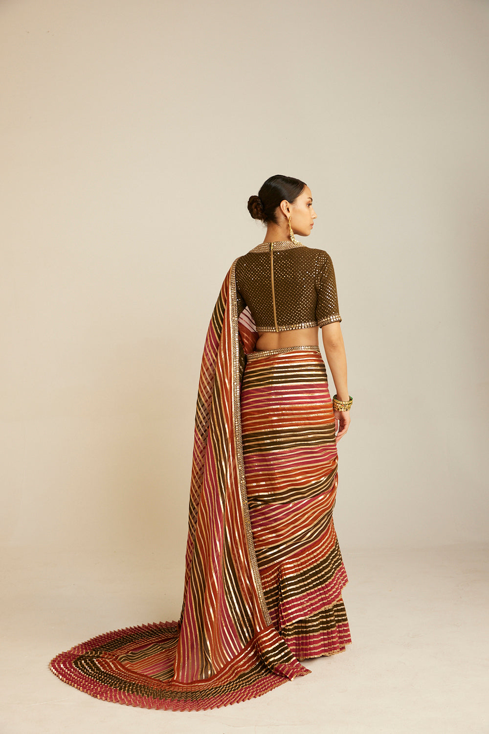 Pre Draped Olive Green Multicolor Saree Set - Auraya Fashion 