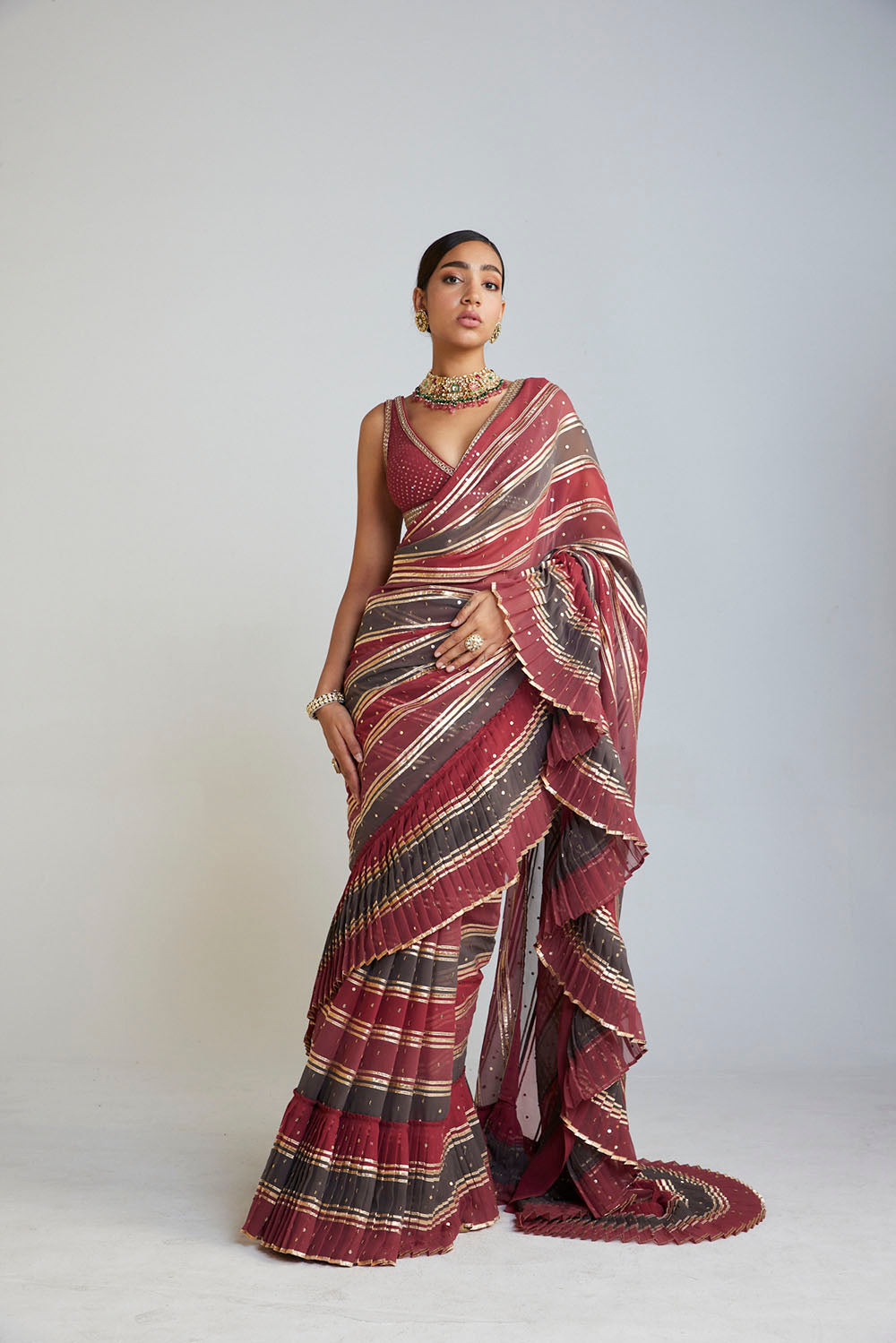 Pre Draped Charcoal Grey Multicolor Saree Set - Auraya Fashion - Vani Vats - 