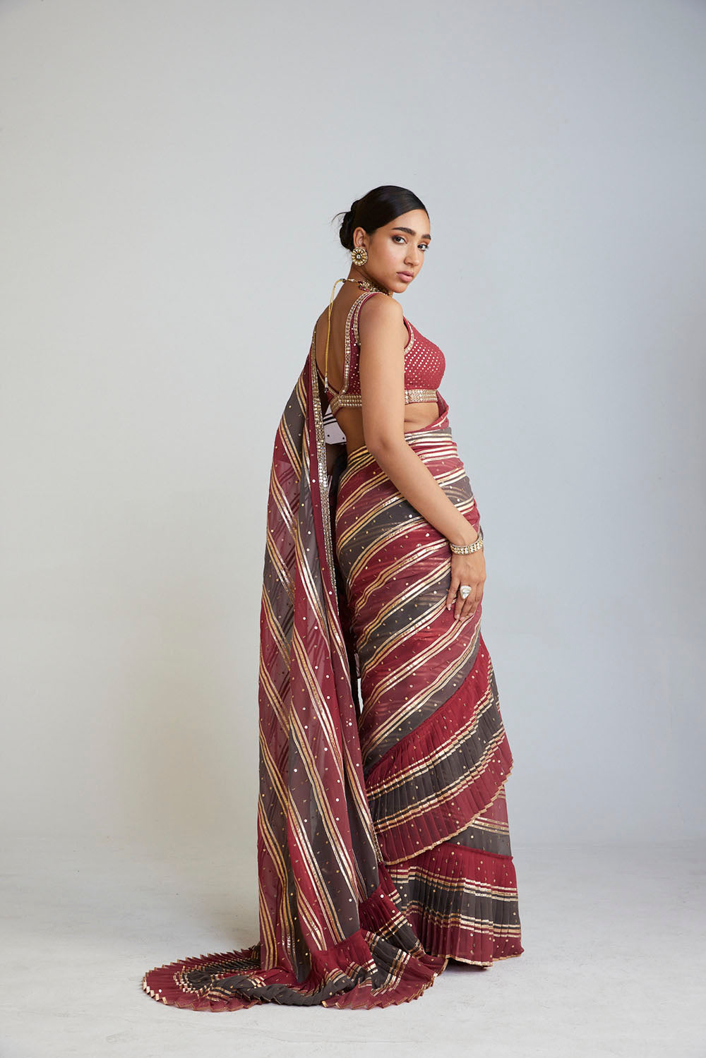 Pre Draped Charcoal Grey Multicolor Saree Set - Auraya Fashion 