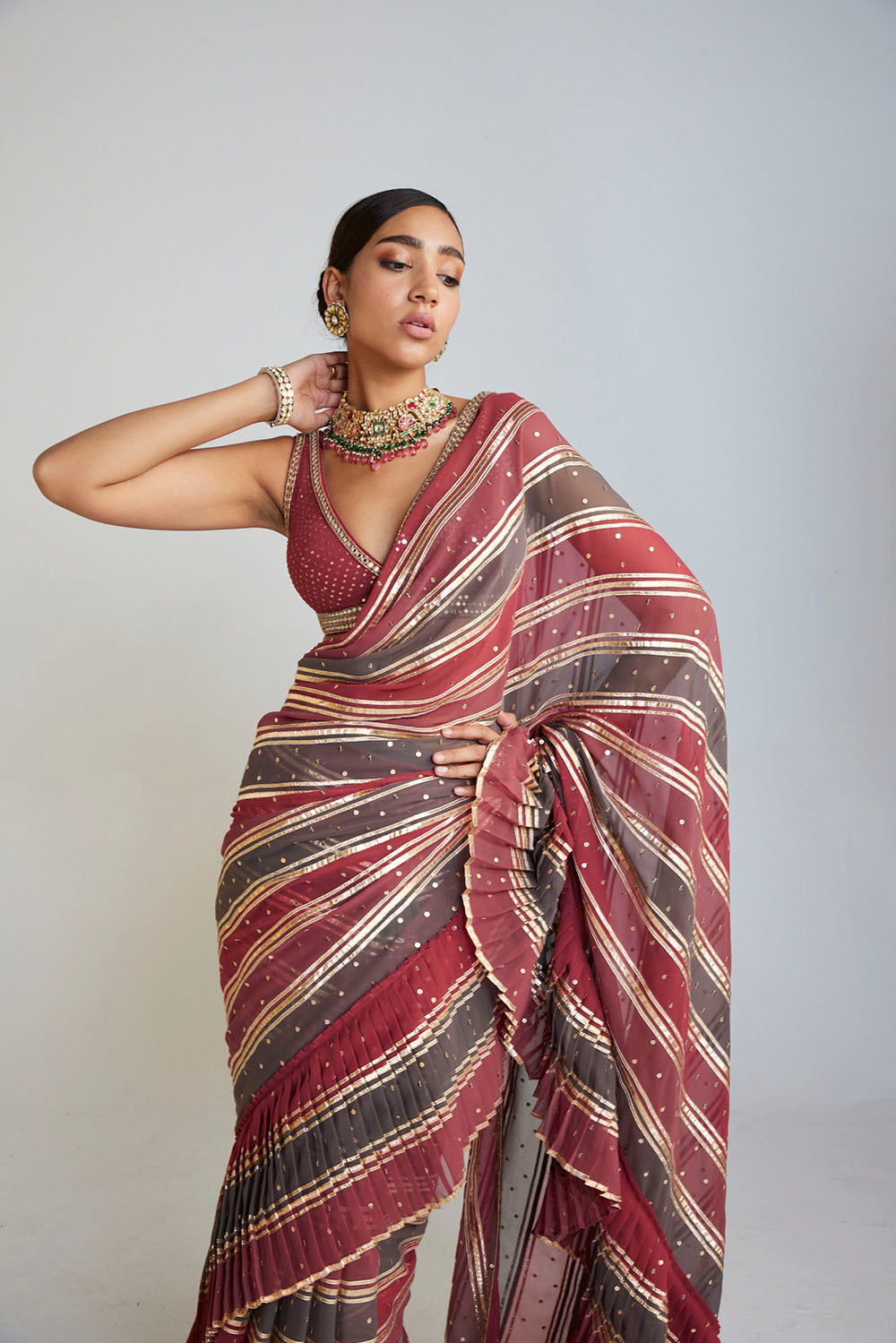 Pre Draped Charcoal Grey Multicolor Saree Set - Auraya Fashion 