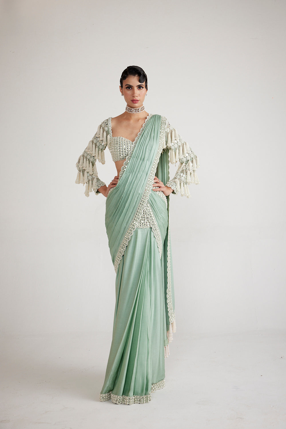 Powder Mint Chandelier Drop Saree Set - Auraya Fashion - Vani Vats - 