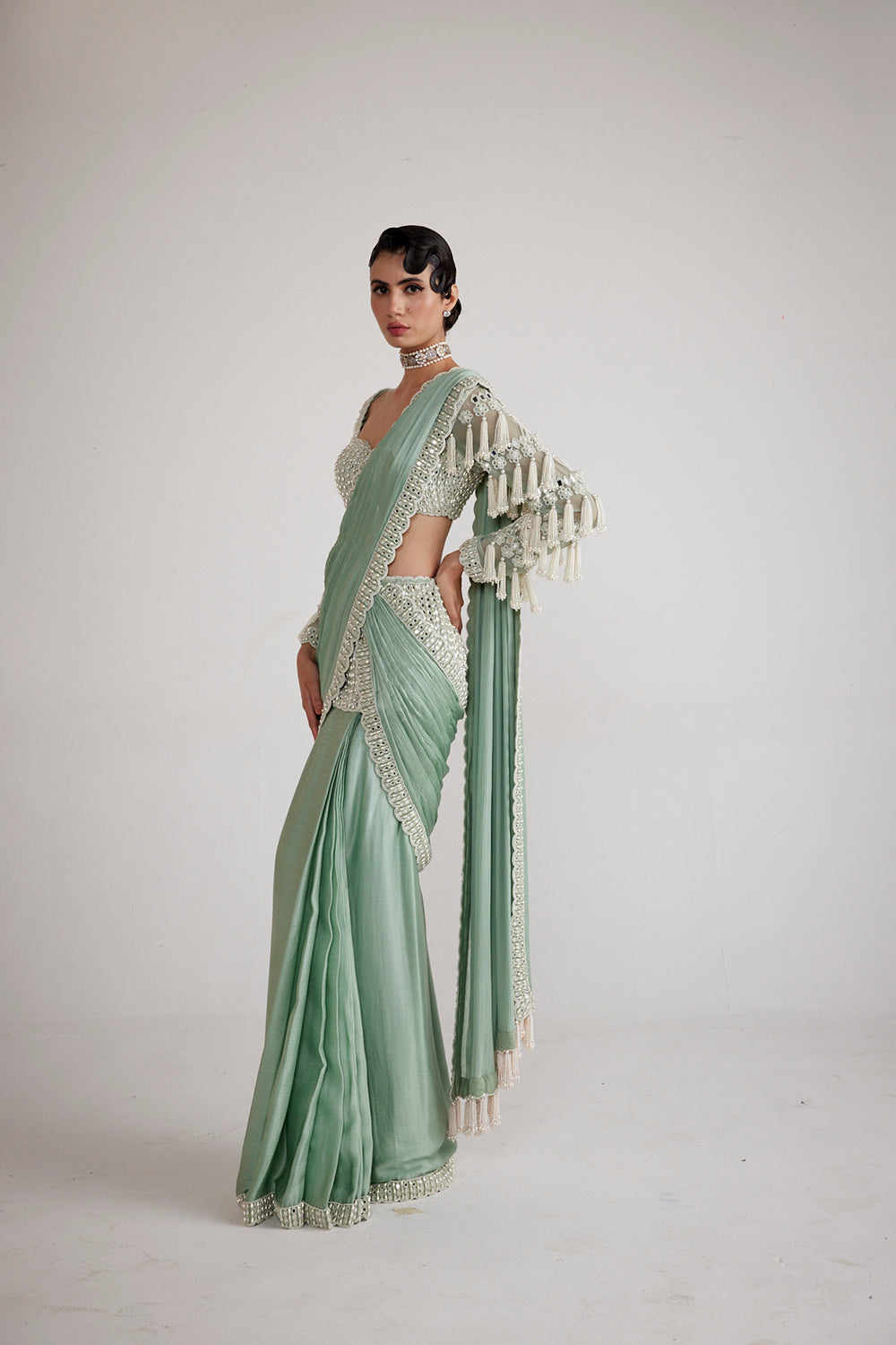 Powder Mint Chandelier Drop Saree Set - Auraya Fashion 