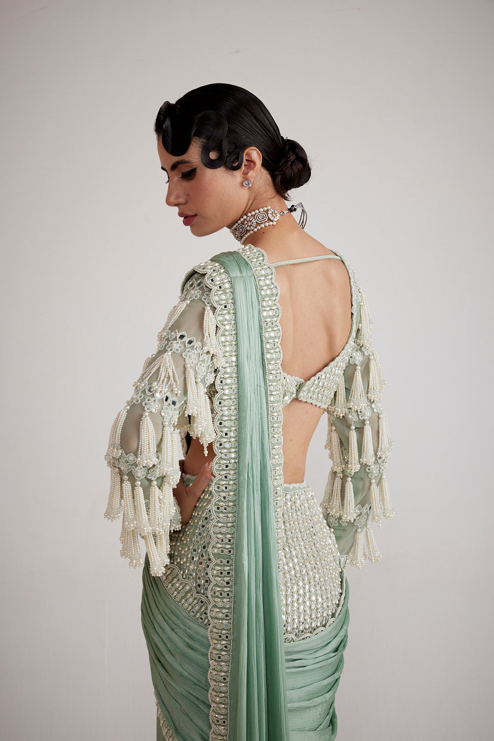 Powder Mint Chandelier Drop Saree Set - Auraya Fashion 